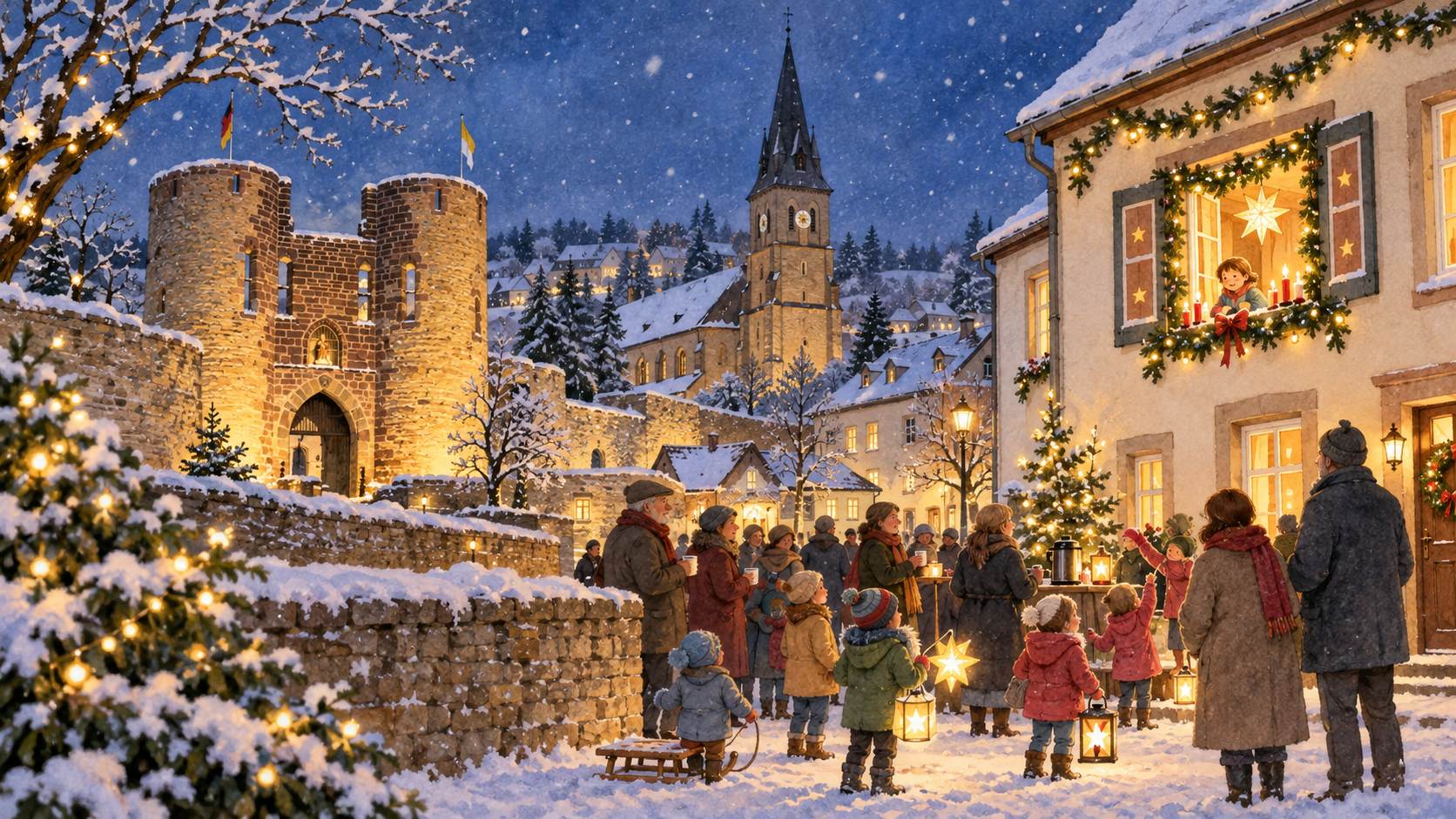 Weihnachtliche Illustration von Welschbillig: Menschen feiern vor einem leuchtenden Adventsfenster. Im verschneiten Dorf stehen das Burgtor, die Kirche und festlich geschmückte Häuser.